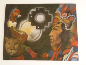 Das Bild über meinem Bett in Ollantaytambo faßt die Mythologie der Inka zusammen: Kondor, Schlange und Puma.